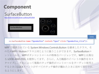 Component
SurfaceButton
http://msdn.microsoft.com/en-us/library/ff727834




                                             ...