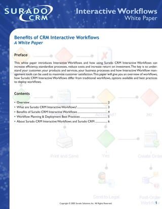 Interactive Workﬂows
                                                                                                                                  White Paper


Beneﬁts of CRM Interactive Workﬂows
A White Paper

Preface

This white paper introduces Interactive Workﬂows and how using Surado CRM Interactive Workﬂows can
increase efﬁciency, standardize processes, reduce costs and increase return on investment. The key is to under-
stand your customer, your products and services, your business processes and how Interactive Workﬂow man-
agement tools can be used to maximize customer satisfaction.This paper will give you an overview of workﬂows,
how Surado CRM Interactive Workﬂows differ from traditional workﬂows, options available and best practices
to deploy workﬂows.


Contents

•   Overview ................................................................................................................ 2
•   What are Surado CRM Interactive Workﬂows? ............................................ 3
•   Beneﬁts of Surado CRM Interactive Workﬂows ........................................... 4
•   Workﬂow Planning & Deployment Best Practices ....................................... 5
•   About Surado CRM Interactive Workﬂows and Surado CRM .................. 6




                                                            Copyright © 2005 Surado Solutions, Inc. All Rights Reserved.                    1
 