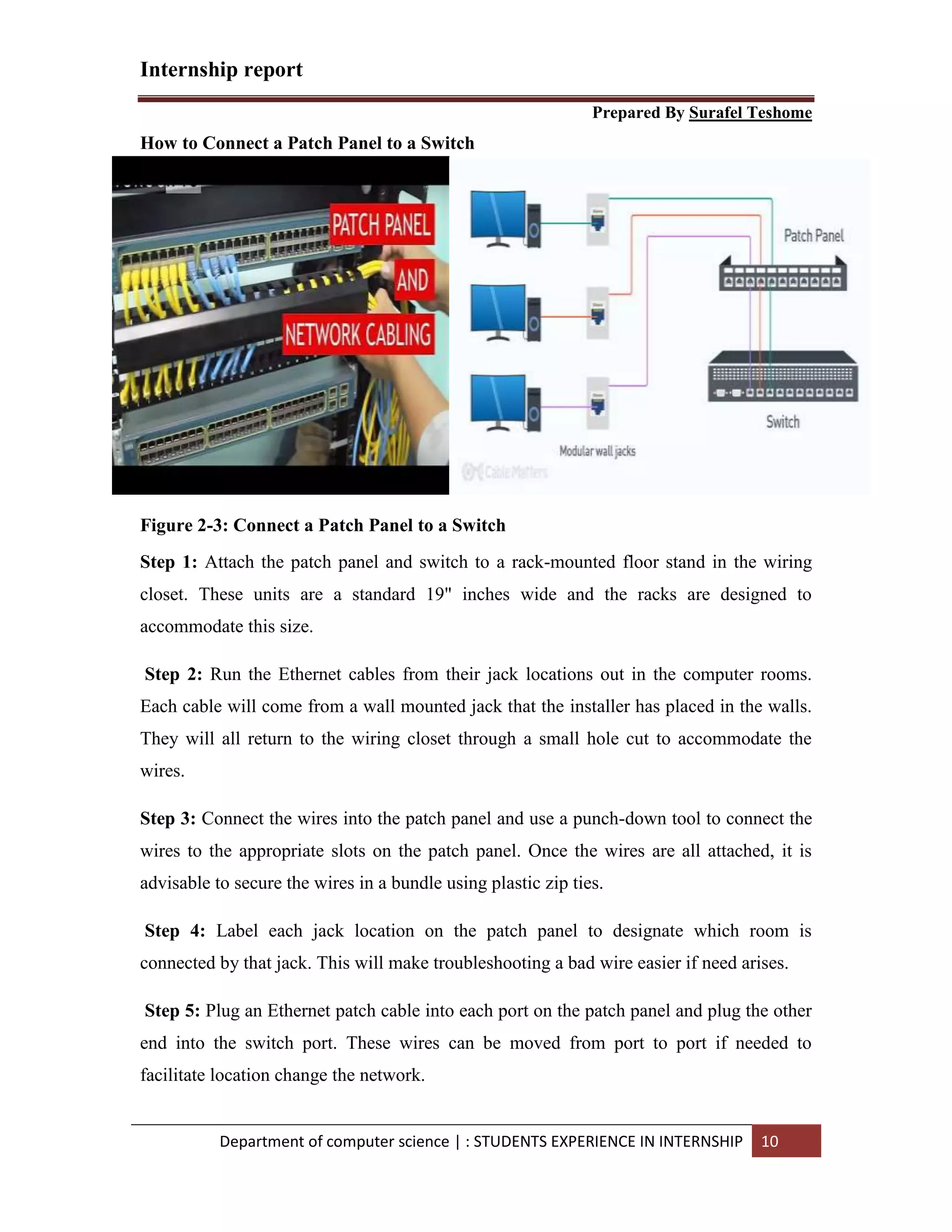 Internship report
Prepared By Surafel Teshome
Department of computer science | : STUDENTS EXPERIENCE IN INTERNSHIP 10
How to Connect a Patch Panel to a Switch
Figure 2-3: Connect a Patch Panel to a Switch
Step 1: Attach the patch panel and switch to a rack-mounted floor stand in the wiring
closet. These units are a standard 19" inches wide and the racks are designed to
accommodate this size.
Step 2: Run the Ethernet cables from their jack locations out in the computer rooms.
Each cable will come from a wall mounted jack that the installer has placed in the walls.
They will all return to the wiring closet through a small hole cut to accommodate the
wires.
Step 3: Connect the wires into the patch panel and use a punch-down tool to connect the
wires to the appropriate slots on the patch panel. Once the wires are all attached, it is
advisable to secure the wires in a bundle using plastic zip ties.
Step 4: Label each jack location on the patch panel to designate which room is
connected by that jack. This will make troubleshooting a bad wire easier if need arises.
Step 5: Plug an Ethernet patch cable into each port on the patch panel and plug the other
end into the switch port. These wires can be moved from port to port if needed to
facilitate location change the network.
 