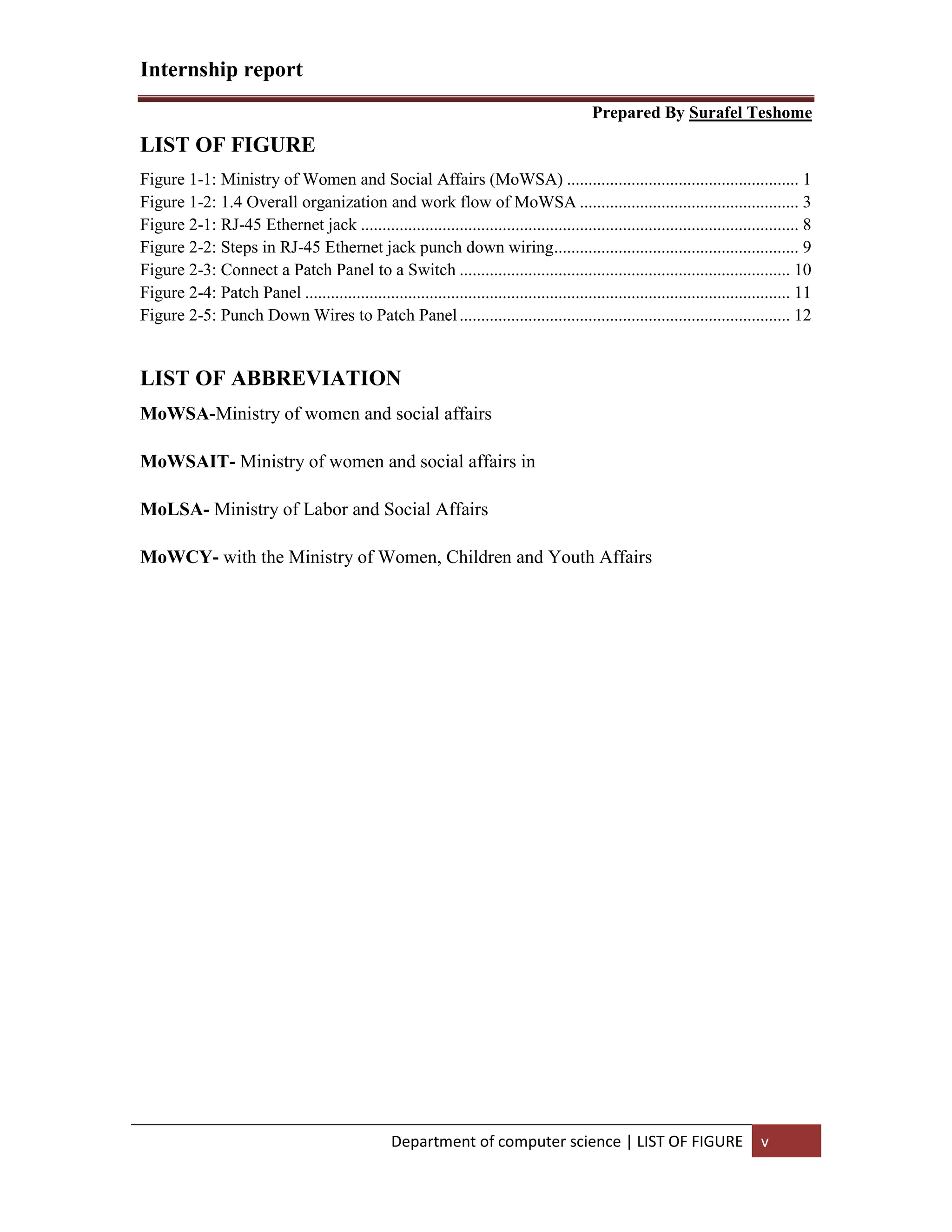 Internship report
Prepared By Surafel Teshome
Department of computer science | LIST OF FIGURE v
LIST OF FIGURE
Figure 1-1: Ministry of Women and Social Affairs (MoWSA) ...................................................... 1
Figure 1-2: 1.4 Overall organization and work flow of MoWSA ................................................... 3
Figure 2-1: RJ-45 Ethernet jack ...................................................................................................... 8
Figure 2-2: Steps in RJ-45 Ethernet jack punch down wiring......................................................... 9
Figure 2-3: Connect a Patch Panel to a Switch ............................................................................. 10
Figure 2-4: Patch Panel ................................................................................................................. 11
Figure 2-5: Punch Down Wires to Patch Panel............................................................................. 12
LIST OF ABBREVIATION
MoWSA-Ministry of women and social affairs
MoWSAIT- Ministry of women and social affairs in
MoLSA- Ministry of Labor and Social Affairs
MoWCY- with the Ministry of Women, Children and Youth Affairs
 