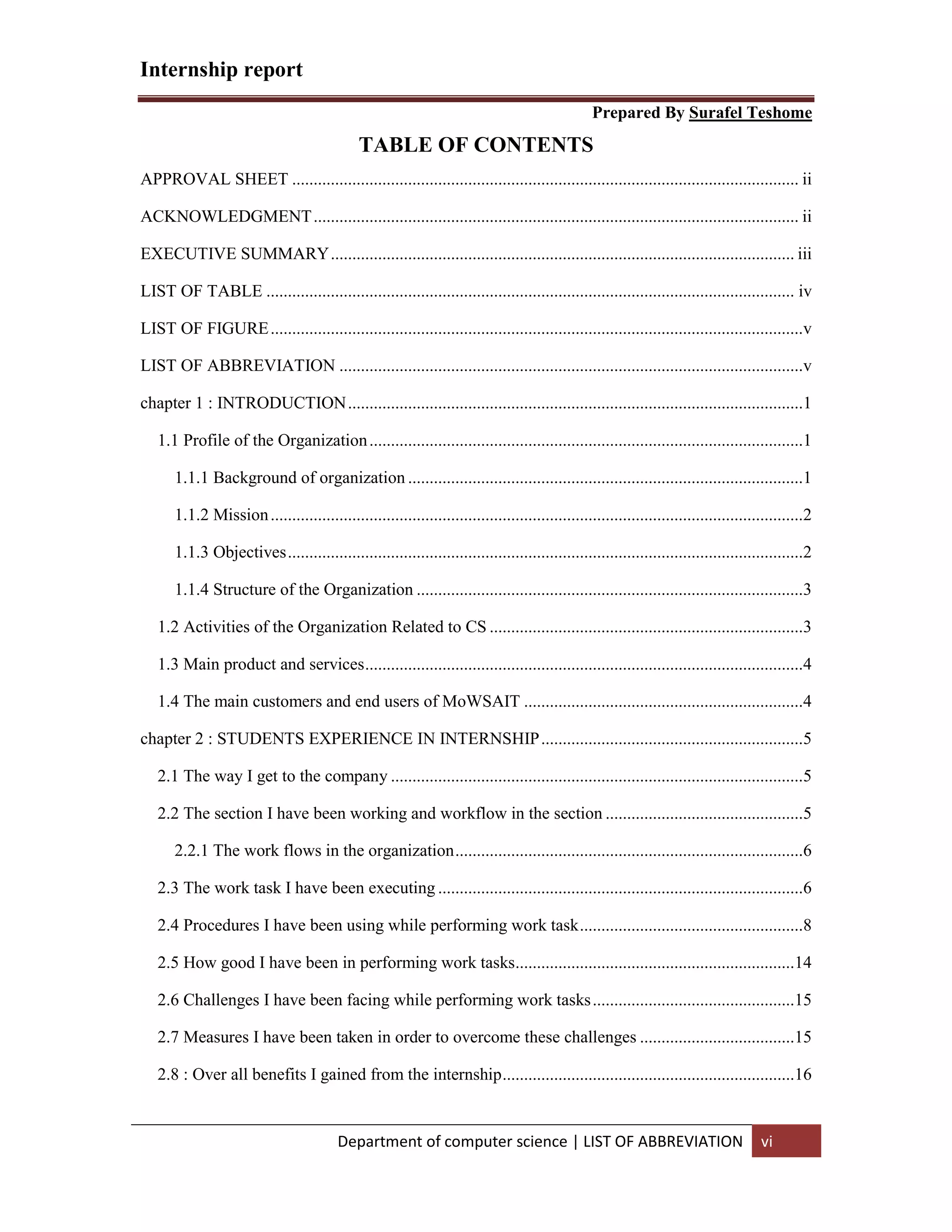 Internship report
Prepared By Surafel Teshome
Department of computer science | LIST OF ABBREVIATION vi
TABLE OF CONTENTS
APPROVAL SHEET ...................................................................................................................... ii
ACKNOWLEDGMENT................................................................................................................. ii
EXECUTIVE SUMMARY............................................................................................................ iii
LIST OF TABLE ........................................................................................................................... iv
LIST OF FIGURE............................................................................................................................v
LIST OF ABBREVIATION ............................................................................................................v
chapter 1 : INTRODUCTION..........................................................................................................1
1.1 Profile of the Organization.....................................................................................................1
1.1.1 Background of organization ............................................................................................1
1.1.2 Mission............................................................................................................................2
1.1.3 Objectives........................................................................................................................2
1.1.4 Structure of the Organization ..........................................................................................3
1.2 Activities of the Organization Related to CS .........................................................................3
1.3 Main product and services......................................................................................................4
1.4 The main customers and end users of MoWSAIT .................................................................4
chapter 2 : STUDENTS EXPERIENCE IN INTERNSHIP.............................................................5
2.1 The way I get to the company ................................................................................................5
2.2 The section I have been working and workflow in the section ..............................................5
2.2.1 The work flows in the organization.................................................................................6
2.3 The work task I have been executing .....................................................................................6
2.4 Procedures I have been using while performing work task....................................................8
2.5 How good I have been in performing work tasks.................................................................14
2.6 Challenges I have been facing while performing work tasks...............................................15
2.7 Measures I have been taken in order to overcome these challenges ....................................15
2.8 : Over all benefits I gained from the internship....................................................................16
 