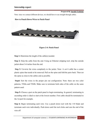 Internship report
Prepared By Surafel Teshome
Department of computer science | : STUDENTS EXPERIENCE IN INTERNSHIP 11
Note: since we connect different devices, we should have to use straight through cables.
How to Punch Down Wires to Patch Panel
Figure 2-4: Patch Panel
Step 1: Determine the length of the cable(s) needed.
Step 2: Strip the cable from the end. Using an Ethernet stripping tool, strip the outside
jacket about 3-6 inches from the end.
Step 3: Un-twist the wires completely to the jacket. Note: A cat 6 cable has a center
plastic spine that needs to be removed. Pull on the spine and fold the pairs back. Then cut
the spine as close to the cables end as possible.
Step4: Sort the wires in the proper pin out configuration. Note: there are two color
patterns, T568a and T568b. Make sure to terminate both sides of the cable on the same
pattern used.
Step 5: Choose a port on the patch panel to begin terminating. In general, terminating in
ascending order is ideal so start at the lowest number. First cable should be terminated to
the 1st port for example.
Step 6: Begin terminating each wire. Use a punch down tool with the 110 blade and
terminate each wire individually. Push down until the tool clicks and cuts the end of the
wire off
 