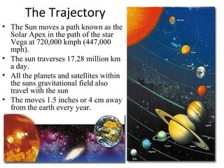The Trajectory
• The Sun moves a path known as the
Solar Apex in the path of the star
Vega at 720,000 kmph (447,000
mph).
• The sun traverses 17.28 million km
a day.
• All the planets and satellites within
the suns gravitational field also
travel with the sun
• The moves 1.5 inches or 4 cm away
from the earth every year.
 