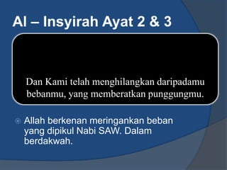 Al – Insyirah Ayat 2 & 3



    Dan Kami telah menghilangkan daripadamu
    bebanmu, yang memberatkan punggungmu.

   Allah berkenan meringankan beban
    yang dipikul Nabi SAW. Dalam
    berdakwah.
 