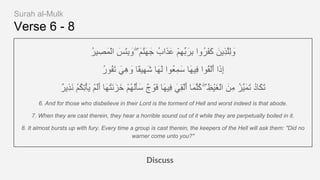 ُ‫ر‬‫ﯾ‬ ِ‫َﺻ‬‫ﻣ‬ْ‫ﻟ‬‫ا‬ َ‫ْس‬‫ﺋ‬ِ‫ﺑ‬ َ‫و‬ ۖ َ‫م‬‫ﱠ‬‫ﻧ‬َ‫ﮭ‬َ‫ﺟ‬ ُ‫اب‬َ‫ذ‬َ‫ﻋ‬ ْ‫م‬ِ‫ﮭ‬‫ﱢ‬‫ﺑ‬َ‫ِر‬‫ﺑ‬ ‫ُوا‬‫ر‬َ‫ﻔ‬َ‫ﻛ‬ َ‫ِﯾن‬‫ذ‬‫ﱠ‬‫ﻠ‬ِ‫ﻟ‬ َ‫و‬
ُ‫ر‬‫ُو‬‫ﻔ‬َ‫ﺗ‬ َ‫ِﻲ‬‫ھ‬ َ‫و‬ ‫ًﺎ‬‫ﻘ‬‫ِﯾ‬‫ﮭ‬َ‫ﺷ‬ ‫َﺎ‬‫ﮭ‬َ‫ﻟ‬ ‫ُوا‬‫ﻌ‬ِ‫ﻣ‬َ‫ﺳ‬ ‫َﺎ‬‫ﮭ‬‫ِﯾ‬‫ﻓ‬ ‫ُوا‬‫ﻘ‬ْ‫ﻟ‬ُ‫أ‬ ‫ا‬َ‫ِذ‬‫إ‬
ٌ‫ر‬‫ِﯾ‬‫ذ‬َ‫ﻧ‬ ْ‫م‬ُ‫ﻛ‬ِ‫ﺗ‬ْ‫ﺄ‬َ‫ﯾ‬ ْ‫م‬َ‫ﻟ‬َ‫أ‬ ‫َﺎ‬‫ﮭ‬ُ‫ﺗ‬َ‫ﻧ‬َ‫ز‬َ‫ﺧ‬ ْ‫م‬ُ‫ﮭ‬َ‫ﻟ‬َ‫ﺄ‬َ‫ﺳ‬ ٌ‫ج‬ ْ‫َو‬‫ﻓ‬ ‫َﺎ‬‫ﮭ‬‫ِﯾ‬‫ﻓ‬ َ‫ِﻲ‬‫ﻘ‬ْ‫ﻟ‬ُ‫أ‬ ‫َﺎ‬‫ﻣ‬‫ﱠ‬‫ﻠ‬ُ‫ﻛ‬ ۖ ِ‫ْظ‬‫ﯾ‬َ‫ْﻐ‬‫ﻟ‬‫ا‬ َ‫ِن‬‫ﻣ‬ ُ‫ز‬‫ﱠ‬‫ﯾ‬َ‫ﻣ‬َ‫ﺗ‬ ُ‫د‬‫َﺎ‬‫ﻛ‬َ‫ﺗ‬
6. And for those who disbelieve in their Lord is the torment of Hell and worst indeed is that abode.
7. When they are cast therein, they hear a horrible sound out of it while they are perpetually boiled in it.
8. It almost bursts up with fury. Every time a group is cast therein, the keepers of the Hell will ask them: "Did no
warner come unto you?"
Verse 6 - 8
Surah al-Mulk
Discuss
 