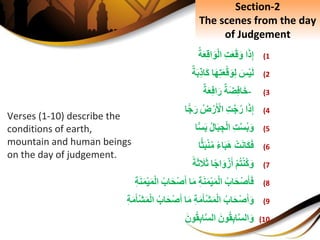 (1‫ا‬َ‫ذ‬ِ‫إ‬ِِ‫ت‬َ‫ع‬َ‫ق‬َ‫و‬ِ‫ة‬َ‫ع‬ِ‫ق‬‫ا‬َ‫و‬ْ‫ل‬‫ا‬
(2َِ‫س‬ْ‫ي‬َ‫ل‬‫ا‬َ‫ه‬ِ‫ت‬َ‫ع‬ْ‫ق‬َ‫و‬ِ‫ل‬ِ‫ة‬َ‫ب‬ِ‫ذ‬‫َا‬‫ك‬
(3-ِ‫ة‬َ‫ض‬ِ‫ف‬‫ا‬َ‫خ‬ِ‫ة‬َ‫ع‬ِ‫ف‬‫ا‬َ‫ر‬
(4‫ا‬َ‫ذ‬ِ‫إ‬ِِ‫ت‬َّ‫ج‬‫ر‬ِ‫ض‬ْ‫ر‬َ ْ‫اْل‬‫ا‬ًّ‫ج‬َ‫ر‬
(5ِِ‫ت‬َّ‫س‬‫ب‬َ‫و‬ِ‫ال‬َ‫ب‬ ِ‫ج‬ْ‫ل‬‫ا‬‫ا‬ًّ‫س‬َ‫ب‬
(6ِْ‫ت‬َ‫ن‬‫َا‬‫ك‬َ‫ف‬ِ‫اء‬َ‫ب‬َ‫ه‬‫ا‬ًّ‫ث‬َ‫ب‬ْ‫ن‬‫م‬
(7ِْ‫م‬‫ت‬ْ‫ن‬‫ك‬َ‫و‬‫ا‬‫اج‬َ‫و‬ْ‫ز‬َ‫أ‬ِ‫ة‬َ‫ث‬ َ‫َل‬َ‫ث‬
(8ِ‫اب‬َ‫ح‬ْ‫ص‬َ‫أ‬َ‫ف‬ِِ‫ة‬َ‫ن‬َ‫م‬ْ‫ي‬َ‫م‬ْ‫ل‬‫ا‬‫ا‬َ‫م‬ِ‫اب‬َ‫ح‬ْ‫ص‬َ‫أ‬ِِ‫ة‬َ‫ن‬َ‫م‬ْ‫ي‬َ‫م‬ْ‫ل‬‫ا‬
(9ِ‫اب‬َ‫ح‬ْ‫ص‬َ‫أ‬َ‫و‬ِِ‫ة‬َ‫م‬َ‫أ‬ْ‫ش‬َ‫م‬ْ‫ل‬‫ا‬‫ا‬َ‫م‬ِ‫اب‬َ‫ح‬ْ‫ص‬َ‫أ‬ِِ‫ة‬َ‫م‬َ‫أ‬ْ‫ش‬َ‫م‬ْ‫ل‬‫ا‬
(10َِ‫ون‬‫ق‬ِ‫ب‬‫ا‬َّ‫س‬‫ال‬َ‫و‬َِ‫ون‬‫ق‬ِ‫ب‬‫ا‬َّ‫س‬‫ال‬
Section-2
The scenes from the day
of Judgement
Verses (1-10) describe the
conditions of earth,
mountain and human beings
on the day of judgement.
 