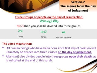 Three Groups of people on the day of resurrection:
ِْ‫م‬‫ت‬ْ‫ن‬‫ك‬َ‫و‬‫ا‬‫اج‬َ‫و‬ْ‫ز‬َ‫أ‬ِ‫ة‬َ‫ث‬ َ‫َل‬َ‫ث‬
56:7)Then you shall be divided into three groups:
The verse means that:
• All human beings who have been born since first day of creation will
ultimately be divided into three classes on the day of judgement.
• Allah(swt) also divides people into three groups upon their death, as
is indicated at the end of this surah.
‫ا‬‫اج‬َ‫و‬ْ‫ز‬َ‫أ‬
Kinds
ِْ‫م‬‫ت‬ْ‫ن‬‫ك‬
You will become
Section-2
The scenes from the day
of Judgement
ِ‫ة‬َ‫ث‬ َ‫َل‬َ‫ث‬
Three
 