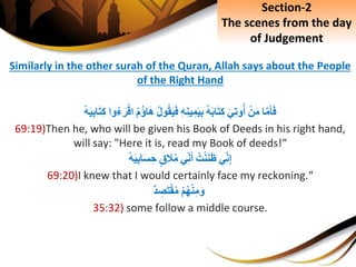 Similarly in the other surah of the Quran, Allah says about the People
of the Right Hand
‫ا‬َّ‫م‬َ‫أ‬َ‫ف‬ِْ‫ن‬َ‫م‬َِ‫ي‬ِ‫ت‬‫و‬‫أ‬ِ‫ه‬َ‫ب‬‫ا‬َ‫ت‬ِ‫ك‬ِِ‫ه‬ِ‫ن‬‫ي‬ِ‫م‬َ‫ي‬ِ‫ب‬ِ‫ول‬‫ق‬َ‫ي‬َ‫ف‬ِ‫م‬‫اؤ‬َ‫ه‬‫وا‬‫ء‬َ‫ر‬ْ‫اق‬َِ‫ت‬ِ‫ك‬ِْ‫ه‬َ‫ي‬ِ‫ب‬‫ا‬
69:19)Then he, who will be given his Book of Deeds in his right hand,
will say: "Here it is, read my Book of deeds!“
‫ي‬ِ‫ن‬ِ‫إ‬ِ‫ت‬ْ‫ن‬َ‫ن‬َ‫ظ‬‫ي‬ِ‫ن‬َ‫أ‬ِ‫ق‬ َ‫َل‬‫م‬ِْ‫ه‬َ‫ي‬ِ‫ب‬‫ا‬َ‫س‬ ِ‫ح‬
69:20)I knew that I would certainly face my reckoning.“
ِْ‫م‬‫ه‬ْ‫ن‬ِ‫م‬َ‫و‬ِ‫د‬ ِ‫ص‬َ‫ت‬ْ‫ق‬‫م‬
35:32) some follow a middle course.
Section-2
The scenes from the day
of Judgement
 