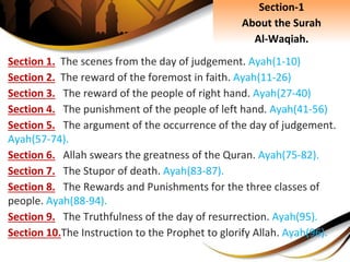 Section 1. The scenes from the day of judgement. Ayah(1-10)
Section 2. The reward of the foremost in faith. Ayah(11-26)
Section 3. The reward of the people of right hand. Ayah(27-40)
Section 4. The punishment of the people of left hand. Ayah(41-56)
Section 5. The argument of the occurrence of the day of judgement.
Ayah(57-74).
Section 6. Allah swears the greatness of the Quran. Ayah(75-82).
Section 7. The Stupor of death. Ayah(83-87).
Section 8. The Rewards and Punishments for the three classes of
people. Ayah(88-94).
Section 9. The Truthfulness of the day of resurrection. Ayah(95).
Section 10.The Instruction to the Prophet to glorify Allah. Ayah(96).
Section-1
About the Surah
Al-Waqiah.
 