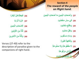 (27ِ‫اب‬َ‫ح‬ْ‫ص‬َ‫أ‬َ‫و‬ِِ‫ين‬ِ‫م‬َ‫ي‬ْ‫ل‬‫ا‬‫ا‬َ‫م‬ِْ‫ص‬َ‫أ‬ِ‫اب‬َ‫ح‬ِِ‫ين‬ِ‫م‬َ‫ي‬ْ‫ل‬‫ا‬
(28‫ي‬ِ‫ف‬ِ‫ْر‬‫د‬ِ‫س‬ِ‫ود‬‫ض‬ْ‫خ‬َ‫م‬
(29ِ‫ح‬ْ‫ل‬َ‫ط‬َ‫و‬ِ‫ود‬‫ض‬ْ‫ن‬َ‫م‬
(30ِ‫ل‬ِ‫ظ‬َ‫و‬ِ‫ود‬‫د‬ْ‫م‬َ‫م‬
(31ِ‫اء‬َ‫م‬َ‫و‬ِ‫وب‬‫ك‬ْ‫س‬َ‫م‬
(32ِ‫ة‬َ‫ه‬ِ‫ك‬‫ا‬َ‫ف‬َ‫و‬ِ‫ة‬َ‫ير‬ِ‫ث‬َ‫ك‬
(33َِ‫ل‬ِ‫َة‬‫ع‬‫و‬‫ط‬ْ‫ق‬َ‫م‬َِ‫ل‬َ‫و‬ِ‫َة‬‫ع‬‫و‬‫ن‬ْ‫م‬َ‫م‬
(34ِ‫ش‬‫ر‬‫ف‬َ‫و‬ِ‫َة‬‫ع‬‫و‬‫ف‬ْ‫ر‬َ‫م‬
(35‫ا‬َّ‫ن‬ِ‫إ‬َِّ‫ن‬‫اه‬َ‫ن‬ْ‫َأ‬‫ش‬ْ‫ن‬َ‫أ‬ِ‫َاء‬‫ش‬ْ‫ن‬ِ‫إ‬
Section-4
The reward of the people
on Right hand.
(36َِّ‫ن‬‫اه‬َ‫ن‬ْ‫ل‬َ‫ع‬َ‫ج‬َ‫ف‬‫ا‬‫َار‬‫ك‬ْ‫ب‬َ‫أ‬
(37‫ا‬‫ب‬‫ر‬‫ع‬ِ‫اب‬َ‫ر‬ْ‫ت‬َ‫أ‬‫ا‬
(38ِِ‫ب‬‫ا‬َ‫ح‬ْ‫ص‬َ ِ‫ْل‬َِ‫ي‬ْ‫ل‬‫ا‬ِِ‫ين‬ِ‫م‬
(39ِ‫ة‬َّ‫ل‬‫ث‬َِ‫ن‬ِ‫م‬َِ ْ‫اْل‬َِ‫ين‬ِ‫ل‬َّ‫و‬
(40ِ‫ة‬َّ‫ل‬‫ث‬َ‫و‬َِ‫ن‬ِ‫م‬ِْ‫اْل‬َِ‫ين‬ ِ‫ر‬ ِ‫خ‬
Verses (27-40) refer to the
description of paradise given to the
companions of right hand.
 