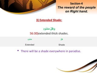 3) Extended Shade:
ِ‫ل‬ِ‫ظ‬َ‫و‬ِ‫ود‬‫د‬ْ‫م‬َ‫م‬
56:30)extended thick shades.
• There will be a shade everywhere in paradise.
Section-4
The reward of the people
on Right hand.
ِ‫ل‬ِ‫ظ‬
Shade
ِ‫ود‬‫د‬ْ‫م‬َ‫م‬
Extended
 