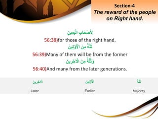 ِِ‫ب‬‫ا‬َ‫ح‬ْ‫ص‬َ ِ‫ْل‬ِِ‫ين‬ِ‫م‬َ‫ي‬ْ‫ل‬‫ا‬
56:38)for those of the right hand.
ِ‫ة‬َّ‫ل‬‫ث‬َِ‫ن‬ِ‫م‬َِ‫ين‬ِ‫ل‬َّ‫و‬َ ْ‫اْل‬
56:39)Many of them will be from the former
ِ‫ة‬َّ‫ل‬‫ث‬َ‫و‬َِ‫ن‬ِ‫م‬َِ‫ين‬ ِ‫ر‬ ِ‫خ‬ ْ‫اْل‬
56:40)And many from the later generations.
Section-4
The reward of the people
on Right hand.
َِ‫ين‬ِ‫ل‬َّ‫و‬َ ْ‫اْل‬
Earlier
َِ‫ين‬ ِ‫ر‬ ِ‫خ‬ ْ‫اْل‬
Later
ِ‫ة‬َّ‫ل‬‫ث‬
Majority
 