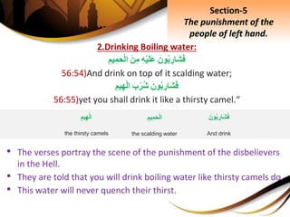 2.Drinking Boiling water:
َِ‫ون‬‫ب‬ ِ‫َار‬‫ش‬َ‫ف‬ِِ‫ه‬ْ‫ي‬َ‫ل‬َ‫ع‬َِ‫ن‬ِ‫م‬ِِ‫يم‬ِ‫م‬َ‫ح‬ْ‫ل‬‫ا‬
56:54)And drink on top of it scalding water;
َِ‫ون‬‫ب‬ ِ‫َار‬‫ش‬َ‫ف‬َِ‫ب‬ْ‫ر‬‫ش‬ِِ‫يم‬ِ‫ه‬ْ‫ل‬‫ا‬
56:55)yet you shall drink it like a thirsty camel.“
• The verses portray the scene of the punishment of the disbelievers
in the Hell.
• They are told that you will drink boiling water like thirsty camels do.
• This water will never quench their thirst.
Section-5
The punishment of the
people of left hand.
َِ‫ون‬‫ب‬ ِ‫َار‬‫ش‬َ‫ف‬
And drink
ِِ‫يم‬ِ‫م‬َ‫ح‬ْ‫ل‬‫ا‬
the scalding water
ِِ‫يم‬ِ‫ه‬ْ‫ل‬‫ا‬
the thirsty camels
 