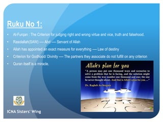 ICNA Sisters' Wing
Ruku No 1:
• Al-Furqan : The Criterion for judging right and wrong virtue and vice, truth and falsehood.
• Rasolallah(SAW) ---- Abd ---- Servant of Allah
• Allah has appointed an exact measure for everything ---- Law of destiny
• Criterion for Godhood/ Divinity ---- The partners they associate do not fulfill on any criterion
• Quran itself is a miracle.
 