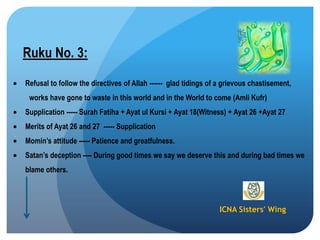 ICNA Sisters' Wing
Ruku No. 3:
Refusal to follow the directives of Allah ------ glad tidings of a grievous chastisement,
works have gone to waste in this world and in the World to come (Amli Kufr)
Supplication ----- Surah Fatiha + Ayat ul Kursi + Ayat 18(Witness) + Ayat 26 +Ayat 27
Merits of Ayat 26 and 27 ----- Supplication
Momin‟s attitude ----- Patience and greatfulness.
Satan‟s deception ---- During good times we say we deserve this and during bad times we
blame others.
 