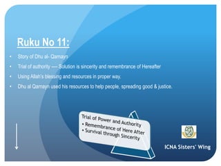 ICNA Sisters' Wing
Ruku No 11:
• Story of Dhu al- Qarnayn
• Trial of authority ---- Solution is sincerity and remembrance of Hereafter
• Using Allah’s blessing and resources in proper way.
• Dhu al Qarnayn used his resources to help people, spreading good & justice.
 