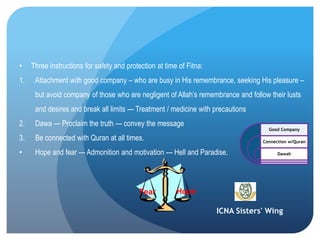 ICNA Sisters' Wing
• Three instructions for safety and protection at time of Fitna:
1. Attachment with good company – who are busy in His remembrance, seeking His pleasure –
but avoid company of those who are negligent of Allah’s remembrance and follow their lusts
and desires and break all limits --- Treatment / medicine with precautions
2. Dawa --- Proclaim the truth --- convey the message
3. Be connected with Quran at all times.
• Hope and fear --- Admonition and motivation --- Hell and Paradise.
Good Company
Connection w/Quran
Dawah
HopeFear
 