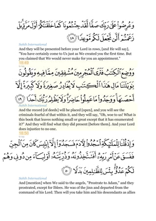Sahih International
And they will be presented before your Lord in rows, [and He will say],
"You have certainly come to Us just as We created you the first time. But
you claimed that We would never make for you an appointment."
18:49
to top
Sahih International
And the record [of deeds] will be placed [open], and you will see the
criminals fearful of that within it, and they will say, "Oh, woe to us! What is
this book that leaves nothing small or great except that it has enumerated
it?" And they will find what they did present [before them]. And your Lord
does injustice to no one.
18:50
to top
Sahih International
And [mention] when We said to the angels, "Prostrate to Adam," and they
prostrated, except for Iblees. He was of the jinn and departed from the
command of his Lord. Then will you take him and his descendants as allies
 