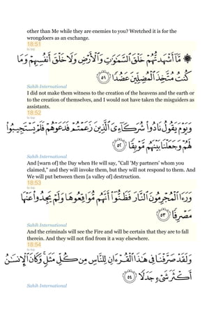 other than Me while they are enemies to you? Wretched it is for the
wrongdoers as an exchange.
18:51
to top
Sahih International
I did not make them witness to the creation of the heavens and the earth or
to the creation of themselves, and I would not have taken the misguiders as
assistants.
18:52
to top
Sahih International
And [warn of] the Day when He will say, "Call 'My partners' whom you
claimed," and they will invoke them, but they will not respond to them. And
We will put between them [a valley of] destruction.
18:53
to top
Sahih International
And the criminals will see the Fire and will be certain that they are to fall
therein. And they will not find from it a way elsewhere.
18:54
to top
Sahih International
 