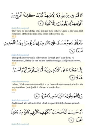 Sahih International
They have no knowledge of it, nor had their fathers. Grave is the word that
comes out of their mouths; they speak not except a lie.
18:6
to top
Sahih International
Then perhaps you would kill yourself through grief over them, [O
Muhammad], if they do not believe in this message, [and] out of sorrow.
18:7
to top
Sahih International
Indeed, We have made that which is on the earth adornment for it that We
may test them [as to] which of them is best in deed.
18:8
to top
Sahih International
And indeed, We will make that which is upon it [into] a barren ground.
18:9
to top
Sahih International
 