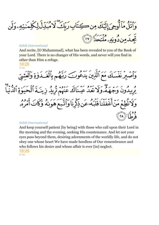 Sahih International
And recite, [O Muhammad], what has been revealed to you of the Book of
your Lord. There is no changer of His words, and never will you find in
other than Him a refuge.
18:28
to top
Sahih International
And keep yourself patient [by being] with those who call upon their Lord in
the morning and the evening, seeking His countenance. And let not your
eyes pass beyond them, desiring adornments of the worldly life, and do not
obey one whose heart We have made heedless of Our remembrance and
who follows his desire and whose affair is ever [in] neglect.
18:29
to top
 