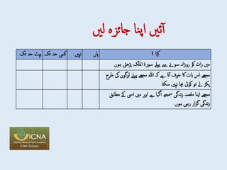 ‫ئںی‬‫آ‬
‫نا‬‫پ‬‫ا‬
‫جائزہ‬
‫لںی‬
‫بہت‬
‫حد‬
‫تک‬ ‫کیس‬
‫حد‬
‫ت‬
‫ک‬ ‫نہںی‬ ‫ہاں‬ ‫کیا‬
‫؟‬
‫پڑھیت‬ ‫امللک‬ ‫سورة‬ ‫پےلہ‬ ‫ےس‬ ‫سوےن‬ ‫نہ‬‫ا‬‫ز‬‫رو‬ ‫کو‬ ‫ات‬‫ر‬ ‫مںی‬
‫ہوں‬
‫کہ‬ ‫ےہ‬ ‫ات‬‫آ‬ ‫خوف‬ ‫اک‬ ‫ابت‬ ‫اس‬ ‫مجھے‬
‫ﷲ‬
‫یک‬ ‫لوگوں‬ ‫پےلہ‬ ‫مجھے‬
‫طرح‬
‫سکتا‬ ‫نہںی‬ ‫چبا‬ ‫کویئ‬ ‫تو‬ ‫ےل‬ ‫پکڑ‬
‫ےک‬ ‫ایس‬ ‫مںی‬ ‫اور‬ ‫ےہ‬ ‫گیا‬‫آ‬ ‫مسھج‬ ‫ندگی‬‫ز‬ ‫مقصد‬ ‫اپنا‬ ‫مجھے‬
‫مطابق‬
‫ہوں‬ ‫رہی‬ ‫ار‬‫ز‬‫گ‬ ‫ندگی‬‫ز‬
 