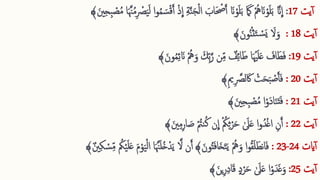 ‫یت‬‫آ‬
17
:
َّ‫ان‬
ِ
‫ا‬
ِ
‫ا‬ ِ ‫ة‬َّ‫ن‬‫ا‬‫ج‬‫ق‬‫ل‬‫ا‬ ‫ا‬
‫اب‬‫ا‬ ‫ق‬
‫حص‬َ‫آ‬ ‫ا‬‫ان‬‫ق‬‫و‬‫ا‬‫ل‬‫ا‬‫ب‬ ‫ا‬ ‫ا‬
‫مَك‬ ‫ق‬ُ‫ُه‬ ‫ا‬‫ان‬‫ق‬‫و‬‫ا‬‫ل‬‫ا‬‫ب‬
‫ا‬‫ا‬ َّ‫ن‬ُ‫م‬ِ  ‫ق‬
‫رص‬‫ا‬‫ی‬‫ا‬‫ل‬ ‫ا‬‫و‬ُ‫م‬ ‫ا‬‫س‬‫ق‬‫ق‬َ‫آ‬ ‫ق‬‫ذ‬
﴾‫ا‬‫نی‬ِ ‫ح‬ِ ‫ب‬ ‫ق‬
‫ص‬ُ‫م‬
‫یت‬‫آ‬
18
:
‫ا‬‫و‬
‫ا‬
‫ال‬
﴾‫ا‬‫ون‬ُ‫ن‬‫ق‬‫ث‬‫ا‬‫ت‬ ‫ق‬
‫س‬‫ا‬‫ي‬
‫یت‬‫آ‬
19
:
‫ا‬‫ف‬
‫ا‬
‫اف‬‫ا‬‫ط‬
‫ا‬‫ون‬ُ‫م‬ِ ‫ئ‬ ‫ا‬‫ان‬ ‫ق‬ُ‫ُه‬‫ا‬‫و‬ ‫ا‬‫ك‬ِّ ‫ب‬َّ‫ر‬ ‫ن‬ِّ ‫م‬ ٌ
‫ف‬ِ ‫ئ‬‫ا‬‫ا‬‫ط‬ ‫ا‬‫ا‬ ‫ق‬‫هي‬‫ا‬‫ل‬‫ا‬‫ع‬
﴾
‫یت‬‫آ‬
20
:
‫ا‬‫ف‬
‫ق‬
‫ت‬‫ا‬‫ح‬‫ا‬‫ب‬ ‫ق‬
‫ص‬َ‫آ‬
﴾ِ ‫می‬ِ  َّ
‫لرص‬ ‫ا‬‫اک‬
‫یت‬‫آ‬
21
:
‫ا‬‫ف‬
‫ا‬‫ق‬‫او‬‫د‬‫ا‬‫ا‬‫ن‬‫ا‬‫ت‬
﴾‫ا‬‫نی‬ِ ‫ح‬ِ ‫ب‬ ‫ق‬
‫ص‬ُ‫م‬
‫یت‬‫آ‬
22
:
‫ا‬‫نی‬ِ ‫م‬ِ ‫ار‬ ‫ا‬
‫ص‬ ‫ق‬ ُ
‫نمت‬ُ‫ك‬ ‫ن‬
ِ
‫ا‬ ‫ق‬ ُ
‫مک‬ِ ‫ث‬‫ق‬‫ر‬‫ا‬‫ح‬ ٰ ‫ا‬
‫یل‬‫ا‬‫ع‬ ‫ا‬‫و‬ُ‫د‬‫ق‬‫غ‬‫ا‬ ِ ‫ن‬َ‫آ‬
﴾
‫ایت‬‫آ‬
24
-
23
:
‫ا‬ َّ‫ن‬‫ا‬‫ل‬ُ‫خ‬‫ق‬‫د‬‫ا‬‫ی‬ َّ‫ال‬ ‫ن‬َ‫آ‬ ﴾‫ا‬‫ون‬ُ‫ت‬‫ا‬‫ف‬‫ا‬‫ا‬‫خ‬‫ا‬‫ت‬‫ا‬‫ی‬ ‫ق‬ُ‫ُه‬‫ا‬‫و‬ ‫ا‬‫و‬ُ‫ق‬‫ا‬‫ل‬‫ا‬‫نط‬‫ا‬‫ا‬‫ف‬
ٌ‫نی‬ِ ‫ك‬ ‫ق‬
‫س‬ِّ ‫م‬ ُ
‫مک‬‫ق‬‫ی‬‫ا‬‫ل‬‫ا‬‫ع‬ ‫ا‬‫م‬‫ق‬‫و‬‫ا‬‫ی‬‫ق‬‫ل‬‫ا‬ ‫ا‬
﴾
‫یت‬‫آ‬
25
:
﴾‫ا‬‫ین‬ِ ‫ر‬ِ ‫د‬‫ا‬‫ا‬‫ق‬ ‫د‬‫ق‬‫ر‬‫ا‬‫ح‬ ٰ ‫ا‬
‫یل‬‫ا‬‫ع‬ ‫ا‬‫ق‬‫و‬‫دا‬‫ا‬‫غ‬‫ا‬‫و‬
 