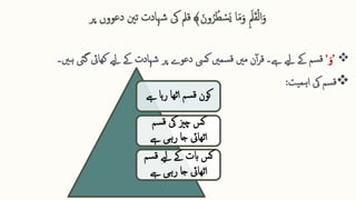 ‫ا‬‫ا‬‫م‬‫ا‬‫و‬ ِ ‫ا‬‫مل‬‫ا‬‫ق‬‫ق‬‫ل‬‫ا‬‫ا‬‫و‬
‫ا‬‫ون‬ُ‫ر‬ُ‫ط‬ ‫ق‬
‫س‬‫ا‬‫ي‬
﴾
‫قمل‬
‫تنی‬ ‫شہادت‬ ‫یک‬
‫دعووں‬
‫پر‬

’
‫ا‬‫و‬
‘
‫ےیل‬ ‫ےک‬ ‫سم‬‫ق‬
‫ےہ‬
‫۔‬
‫گیئ‬ ‫کھایئ‬ ‫ےیل‬ ‫ےک‬ ‫شہادت‬ ‫پر‬ ‫دعوے‬ ‫کیس‬ ‫سمںی‬‫ق‬ ‫مںی‬ ‫ن‬‫آ‬‫ر‬‫ق‬
‫ہںی‬
‫۔‬

‫یت‬‫ہم‬‫ا‬ ‫یک‬ ‫سم‬‫ق‬
:
‫ےہ‬ ‫ہا‬‫ر‬ ‫اٹھا‬ ‫سم‬‫ق‬ ‫کون‬
‫سم‬‫ق‬ ‫یک‬ ‫چزی‬ ‫کس‬
‫اٹھا‬
‫ﰃ‬
‫ےہ‬ ‫رہی‬ ‫جا‬
‫سم‬‫ق‬ ‫ےیل‬ ‫ےک‬ ‫ابت‬ ‫کس‬
‫اٹھا‬
‫ﰃ‬
‫ےہ‬ ‫رہی‬ ‫جا‬
 