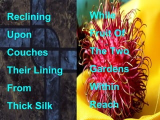 Reclining      While
Upon           Fruit Of
Couches        The Two
Their Lining   Gardens
From           Within
Thick Silk     Reach
 