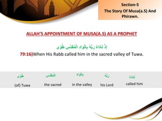 ALLAH’S APPOINTMENT OF MUSA(A.S) AS A PROPHET
ِ َِِّ‫د‬َ‫ق‬ُ‫م‬ْ‫ل‬‫ِِا‬‫د‬‫ا‬َ‫و‬ْ‫ل‬‫ا‬ِ‫ب‬ُِ‫ه‬ُّ‫ب‬َ‫ِر‬ُ‫ه‬‫َا‬‫د‬‫ا‬َ‫ن‬ِْ‫ذ‬ِ‫إ‬‫ى‬ً‫و‬ُ‫ط‬
79:16)When His Rabb called him in the sacred valley of Tuwa.
َِِِّ‫د‬َ‫ق‬ُ‫م‬ْ‫ل‬‫ا‬
the sacred
ُِ‫ه‬‫َا‬‫د‬‫ا‬َ‫ن‬
called him
ُِ‫ه‬ُّ‫ب‬َ‫ر‬
his Lord
‫ى‬ً‫و‬ُ‫ط‬
(of) Tuwa
ِِ‫د‬‫ا‬َ‫و‬ْ‫ل‬‫ا‬ِ‫ب‬
in the valley
Section-5
The Story Of Musa(a.S) And
Phirawn.
 