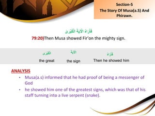 َِ‫ة‬َ‫ي‬ ْ‫ِال‬ُ‫ه‬‫ا‬َ‫ر‬َ‫أ‬َ‫ف‬ِ‫ى‬َ‫ر‬ْ‫ب‬ُ‫ك‬ْ‫ل‬‫ا‬
79:20)Then Musa showed Fir'on the mighty sign.
ANALYSIS
• Musa(a.s) informed that he had proof of being a messenger of
God
• he showed him one of the greatest signs, which was that of his
staff turning into a live serpent (snake).
ُِ‫ه‬‫ا‬َ‫ر‬َ‫أ‬َ‫ف‬
Then he showed him
َِ‫ة‬َ‫ي‬ ْ‫ال‬
the sign
‫ى‬َ‫ْر‬‫ب‬ُ‫ك‬ْ‫ل‬‫ا‬
the great
Section-5
The Story Of Musa(a.S) And
Phirawn.
 