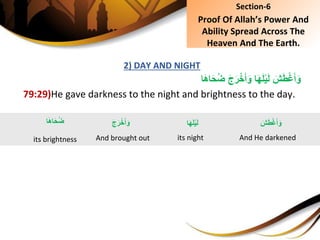 2) DAY AND NIGHT
َِ‫ج‬َ‫ر‬ْ‫خ‬َ‫أ‬َ‫اِو‬َ‫ه‬َ‫ل‬ْ‫ي‬َ‫ل‬ِ َ‫ش‬َ‫ط‬ْ‫غ‬َ‫أ‬َ‫و‬‫ا‬َ‫ه‬‫ا‬َ‫ح‬ُ‫ض‬
79:29)He gave darkness to the night and brightness to the day.
Section-6
Proof Of Allah’s Power And
Ability Spread Across The
Heaven And The Earth.
َِ‫ش‬َ‫ط‬ْ‫غ‬َ‫أ‬َ‫و‬
And He darkened
‫ا‬َ‫ه‬‫ا‬َ‫ح‬ُ‫ض‬
its brightness
ِ‫ا‬َ‫ه‬َ‫ل‬ْ‫ي‬َ‫ل‬
its night
َِ‫ج‬َ‫ر‬ْ‫خ‬َ‫أ‬َ‫و‬
And brought out
 