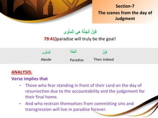 ‫ى‬َ‫و‬ْ‫أ‬َ‫م‬ْ‫ل‬‫ِا‬َ‫ي‬ِ‫ه‬َِ‫ة‬َّ‫ن‬َ‫ج‬ْ‫ل‬‫ِا‬َّ‫ن‬ِ‫إ‬َ‫ف‬
79:41)paradise will truly be the goal!
ANALYSIS:
Verse implies that
• Those who fear standing in front of their Lord on the day of
resurrection due to the accountability and the judgement for
their final home.
• And who restrain themselves from committing sins and
transgression will live in paradise forever.
َِ‫ة‬َّ‫ن‬َ‫ج‬ْ‫ل‬‫ا‬
Paradise
َِّ‫ن‬ِ‫إ‬َ‫ف‬
Then indeed
‫ى‬َ‫و‬ْ‫أ‬َ‫م‬ْ‫ل‬‫ا‬
Abode
Section-7
The scenes from the day of
Judgment
 