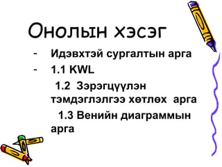 Онолын хэсэг
-   Идэвхтэй сургалтын арга
-   1.1 KWL
     1.2 Зэрэгцүүлэн
    тэмдэглэлгээ хөтлөх арга
     1.3 Венийн диаграммын
    арга
 