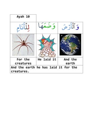 Ayah 10




   For the     He laid it    And the
  creatures                   earth
And the earth he has laid it for the
creatures.
 