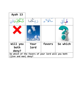 Ayah 13




Will you         Your       favors      So which
  both           lord
  deny?
So which of the favors of your lord will you both
(jinn and man) deny?
 