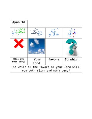 Ayah 16




 Will you     Your   favors    So which
both deny?
             lord
So which of the favors of your lord will
      you both (jinn and man) deny?
 