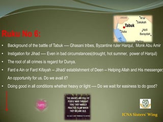 ICNA Sisters' Wing
Ruku No 6:
• Background of the battle of Tabuk ---- Ghasani tribes, Byzantine ruler Harqul, Monk Abu Amir
• Instigation for Jihad ---- Even in bad circumstances(drought, hot summer, power of Harqul)
• The root of all crimes is regard for Dunya.
• Fard e Ain or Fard Kifayah -- Jihad/ establishment of Deen -- Helping Allah and His messenger,
An opportunity for us. Do we avail it?
• Doing good in all conditions whether heavy or light ---- Do we wait for easiness to do good?
 