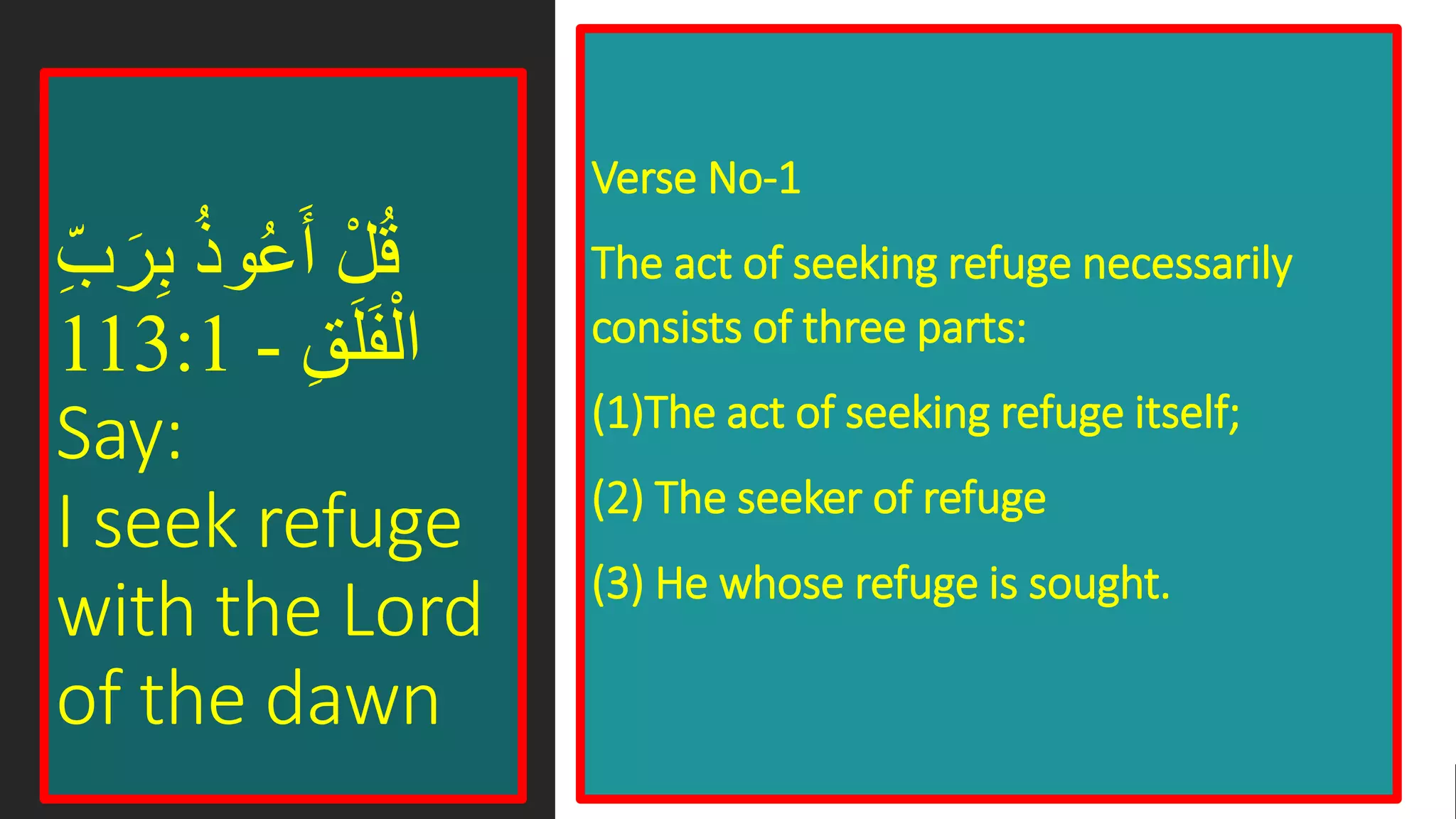 ‫ب‬ ُ‫ذ‬‫و‬ُ‫ع‬َ‫أ‬ ْ‫ل‬ُ‫ق‬‫ب‬َ‫ر‬
‫ق‬َ‫ل‬َ‫ف‬ْ‫ال‬-113:1
Say:
I seek refuge
with the Lord
of the dawn
Verse No-1
The act of seeking refuge necessarily
consists of three parts:
(1)The act of seeking refuge itself;
(2) The seeker of refuge
(3) He whose refuge is sought.
 
