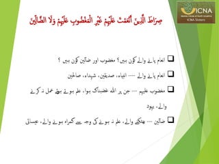 ‫؟‬ ‫ہںی‬ ‫کون‬ ‫لنی‬‫ضآ‬ ‫اور‬ ‫مغضوب‬ ‫ہںی؟‬ ‫کون‬ ‫اےل‬‫و‬ ‫پاےن‬ ‫نعام‬‫ا‬
‫اےل‬‫و‬ ‫پاےن‬ ‫نعام‬‫ا‬----‫صاحلنی‬ ،‫شہداء‬ ،‫صدیقنی‬ ،‫نبياء‬‫ا‬
‫علیہم‬ ‫مغضوب‬---‫پر‬ ‫جن‬‫ﷲ‬‫ک‬ ‫نہ‬ ‫معل‬ ‫ئے‬‫و‬‫ہ‬ ‫ہوےت‬ ‫عمل‬ ،‫ا‬‫و‬‫ہ‬ ‫بناک‬‫غض‬‫رےن‬
‫یہود‬ ،‫اےل‬‫و‬
‫لنی‬‫ضآ‬---‫و‬ ‫ہوےن‬ ‫اہ‬‫ر‬‫گم‬ ‫ےس‬ ‫وجہ‬ ‫یک‬ ‫ہوےن‬ ‫نہ‬ ‫عمل‬ ،‫اےل‬‫و‬ ‫ٹکنے‬‫بھ‬‫يسای‬‫ع‬ ،‫اےل‬
‫ر‬ ْ‫ری‬َ‫غ‬ ْ‫م‬‫ر‬ْ‫ْي‬َ‫ل‬َ‫ع‬ َ‫ت‬ْ‫م‬َ‫ع‬ْ‫ن‬َ‫آ‬ َ‫ین‬‫ر‬ ‫ذ‬‫اَّل‬ َ‫اط‬َ ‫ر‬‫ِص‬َ َ‫و‬ ْ‫م‬‫ر‬ْ‫ْي‬َ‫ل‬َ‫ع‬ ‫ر‬‫وب‬ ِ‫ْض‬‫غ‬َ‫م‬ْ‫ل‬‫ا‬َ‫نی‬‫ر‬‫ل‬‫ا‬‫الضذ‬
 
