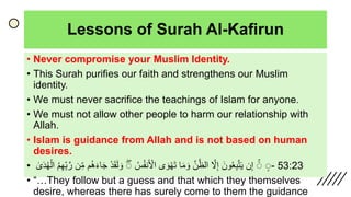 Lessons of Surah Al-Kafirun
• Never compromise your Muslim Identity.
• This Surah purifies our faith and strengthens our Muslim
identity.
• We must never sacrifice the teachings of Islam for anyone.
• We must not allow other people to harm our relationship with
Allah.
• Islam is guidance from Allah and is not based on human
desires.
• ََۖۖ‫ن‬ِ‫إ‬ََ‫ون‬ُ‫ع‬ِ‫ب‬َّ‫ت‬َ‫ي‬ََّ‫ّل‬ِ‫إ‬ََّ‫ن‬َّ‫الظ‬‫ا‬َ‫م‬ َ‫و‬‫ى‬ َ‫و‬‫ه‬َ‫ت‬َُ‫س‬ُ‫ف‬‫ن‬َ‫اْل‬ََۖ‫د‬َ‫ق‬َ‫ل‬ َ‫و‬ََ‫ج‬‫م‬ُ‫ُه‬َ‫ء‬‫ا‬‫ن‬ِ‫م‬َُ‫م‬ِ‫ه‬ِ‫ب‬َّ‫ر‬ََٰ‫ى‬َ‫د‬ُ‫ه‬‫ال‬ - 53:23
• “…They follow but a guess and that which they themselves
desire, whereas there has surely come to them the guidance
 