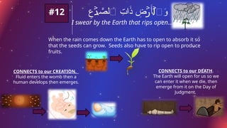 ِ
‫ع‬ َّ
‫ٱلص‬ ِ
‫ات‬َ
‫ذ‬ ِ
‫ض‬ َ‫أ‬ ‫ٱ‬َ
‫و‬
ۡ
‫د‬ ۡ
‫ر‬ ۡ
‫ل‬
#12
I swear by the Earth that rips open…
CONNECTS to our DEATH.
The Earth will open for us so we
can enter it when we die, then
emerge from it on the Day of
Judgment.
When the rain comes down the Earth has to open to absorb it so
that the seeds can grow. Seeds also have to rip open to produce
fruits.
CONNECTS to our CREATION.
Fluid enters the womb then a
human develops then emerges.
 