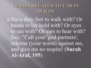  Have they feet to walk with? Or
hands to lay hold with? Or eyes
to see with? Or ears to hear with?
Say: "Call your 'god-partners',
scheme (your worst) against me,
and give me no respite! (Surah
Al-A‘raf, 195)
 