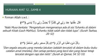 HURAIAN AYAT 12…SAMB 4
 Firman Allah s.w.t. :
َ‫ي‬ َ
‫َّل‬ َ‫و‬ ِ‫ب‬َ‫ر‬ ‫س‬‫ل‬ ِ
‫ض‬َ‫ي‬ َّ
‫َّل‬ ‫ب‬ََٰ‫ت‬ِ‫ك‬ ِ‫ف‬ ِ‫ب‬َ‫ر‬ َ‫د‬‫ن‬ِ‫ع‬ ‫ا‬َ‫ه‬ُ‫م‬ۡ‫ل‬ِ‫ع‬ َ‫ل‬‫ا‬َ‫ق‬
َۚ‫س‬‫ن‬
﴿
٥٢
﴾
“Nabi Musa berkata: "Pengetahuan mengenainya ada di sisi Tuhanku di dalam
sebuah Kitab (Lauh Mahfuz), Tuhanku tidak salah dan tidak lupa". (Surah Taahaa,
20: 52)
ِ
‫ر‬ُ‫ب‬‫س‬‫ٱلز‬ ِ‫ف‬ ُ‫ه‬‫و‬ُ‫ل‬َََ‫ف‬ ‫ء‬ ۡ َ‫ش‬ ‫س‬‫ل‬ُ‫ك‬ َ‫و‬
﴿
٥٢
﴾
ٌ‫ر‬َ‫ط‬َ‫ت‬ۡ‫س‬‫س‬‫م‬ ‫ير‬ِ‫ب‬َ‫ك‬ َ‫و‬ ‫ير‬ِ‫غ‬َ‫ص‬ ‫س‬‫ل‬ُ‫ك‬ َ‫و‬
﴿
٥٣
﴾
“Dan segala sesuatu yang mereka lakukan (adalah tercatat) di dalam buku-buku
catatan amal (mereka). Dan setiap perkara yang kecil dan yang besar tetap
tercatat dengan rapi dan teliti”. (Surah al-Qamar, 54: 52-53)
38
 