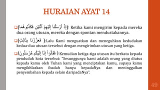 HURAIAN AYAT 14
( ۡ‫ذ‬ِ‫إ‬
ٓ‫ا‬َ‫ن‬ۡ‫ل‬َ‫س‬ ۡ
‫ر‬َ‫أ‬
ُ‫م‬ِ‫ه‬ۡ‫ي‬َ‫ل‬ِ‫إ‬
ِ‫ن‬ۡ‫َي‬‫ن‬ۡ‫ٱث‬
‫ا‬َ‫م‬ُ‫ه‬‫و‬ُ‫ب‬َّ‫ذ‬َ‫ك‬َ‫ف‬ ): Ketika kami mengirim kepada mereka
dua orang utusan, mereka dengan spontan mendustakannya.
( ‫َا‬‫ن‬ ۡ
‫ز‬َّ‫ز‬َََ‫ف‬
‫ث‬ِ‫ل‬‫ا‬َ‫ث‬ِ‫ب‬ ):Lalu Kami menguatkan dan meneguhkan kedudukan
kedua-dua utusan tersebut dengan mengirimkan utusan yang ketiga.
( ْ‫ا‬ ٓ‫و‬ُ‫ل‬‫ا‬َ‫ق‬َ‫ف‬
ٓ‫ا‬َّ‫ن‬ِ‫إ‬
‫م‬ُ‫ك‬ۡ‫ي‬َ‫ل‬ِ‫إ‬
َ‫ون‬ُ‫ل‬َ‫س‬ ۡ
‫ر‬‫س‬‫م‬ ):Kemudian ketiga-tiga utusan itu berkata kepada
penduduk kota tersebut: “Sesunggunya kami adalah orang yang diutus
kepada kamu oleh Tuhan kami yang menciptakan kamu, supaya kamu
mengikhlaskan ibadah hanya kepadaNya dan meninggalkan
penyembahan kepada selain daripadaNya”.
49
 