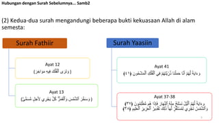 Hubungan dengan Surah Sebelumnya... Samb2
(2) Kedua-dua surah mengandungi beberapa bukti kekuasaan Allah di alam
semesta:
Surah Fathiir
Ayat 12
(َ‫ر‬ ِ‫اخ‬ َ‫و‬َ‫م‬ ِ‫ه‬‫ي‬ِ‫ف‬ َ‫ك‬ۡ‫ل‬ُ‫ف‬ۡ‫ٱل‬ ‫ى‬ َ‫ر‬َ‫ت‬ َ‫و‬ )
Ayat 13
( َ‫ي‬ ٞ
‫ل‬ُ‫ك‬ َ‫ر‬َ‫م‬َ‫ق‬ۡ‫ٱل‬ َ‫و‬ َ
‫س‬ ۡ
‫م‬َّ‫ش‬‫ٱل‬ َ‫ر‬َّ‫خ‬َ‫س‬ َ‫و‬
ۚ‫م‬َ‫س‬‫س‬‫م‬ ‫ل‬َ‫ج‬َ ِ
‫ۡل‬ ِ
‫ر‬ ۡ
‫ج‬ )
Surah Yaasiin
Ayat 41
ۡ‫م‬ُ‫ه‬َ‫ت‬َّ‫ي‬ ِ
‫ر‬ُ‫ذ‬ ‫َا‬‫ن‬ۡ‫ل‬َ‫م‬َ‫ح‬ ‫ا‬َّ‫ن‬َ‫أ‬ ۡ‫م‬ُ‫ه‬َّ‫ل‬ ٞ‫ة‬َ‫ي‬‫ا‬َ‫ء‬ َ‫و‬
ِ‫ون‬ُ‫ح‬ ۡ‫ش‬َ‫م‬ۡ‫ٱل‬ ِ‫ك‬ۡ‫ل‬ُ‫ف‬ۡ‫ٱل‬ ِ‫ف‬
﴿
٤١
﴾
Ayat 37-38
َ‫ار‬َ‫ه‬َّ‫ن‬‫ٱل‬ ُ‫ه‬ۡ‫ن‬ِ‫م‬ ُ‫خ‬َ‫ل‬ۡ‫َس‬‫ن‬ ُ‫ل‬ۡ‫ي‬َّ‫ٱل‬ ُ‫م‬ُ‫ه‬َّ‫ل‬ ٞ‫ة‬َ‫ي‬‫ا‬َ‫ء‬‫و‬
﴿ َ‫ون‬ُ‫م‬ِ‫ل‬ۡۡ‫س‬‫م‬ ‫م‬ُ‫ه‬ ‫ا‬َ‫ذ‬َِِ‫ف‬
٣٧
﴾
ِ‫ل‬ََٰ‫ذ‬ ‫ا‬َ‫ه‬َّ‫ل‬ ‫ر‬َ‫ق‬َ‫ت‬ ۡ‫س‬ُ‫م‬ِ‫ل‬ ِ
‫ر‬ ۡ
‫ج‬َ‫ت‬ ُ‫س‬ ۡ‫م‬َّ‫ش‬‫ٱل‬ َ‫و‬
ِ‫يم‬ِ‫ل‬ََۡ‫ٱل‬ ِ‫يز‬ ِ‫ز‬ََۡ‫ٱل‬ ُ‫ِير‬‫د‬ۡ‫ق‬َ‫ت‬ َ‫ك‬
﴿
٣٨
﴾
5
 