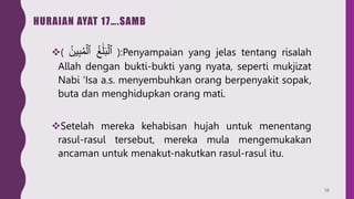 HURAIAN AYAT 17….SAMB
( ُ‫غ‬ََٰ‫ل‬َ‫ب‬ۡ‫ٱل‬
ُ‫ين‬ِ‫ب‬ُ‫م‬ۡ‫ٱل‬ ):Penyampaian yang jelas tentang risalah
Allah dengan bukti-bukti yang nyata, seperti mukjizat
Nabi ‘Isa a.s. menyembuhkan orang berpenyakit sopak,
buta dan menghidupkan orang mati.
Setelah mereka kehabisan hujah untuk menentang
rasul-rasul tersebut, mereka mula mengemukakan
ancaman untuk menakut-nakutkan rasul-rasul itu.
58
 