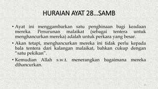 HURAIAN AYAT 28…SAMB
• Ayat ini menggambarkan satu penghinaan bagi keadaan
mereka. Penurunan malaikat (sebagai tentera untuk
menghancurkan mereka) adalah untuk perkara yang besar.
• Akan tetapi, menghancurkan mereka ini tidak perlu kepada
bala tentera dari kalangan malaikat, bahkan cukup dengan
“satu pekikan”.
• Kemudian Allah s.w.t. menerangkan bagaimana mereka
dihancurkan.
85
 