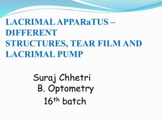 LACRIMALAPPARaTUS –
DIFFERENT
STRUCTURES, TEAR FILM AND
LACRIMAL PUMP
Suraj Chhetri
B. Optometry
16th batch
 