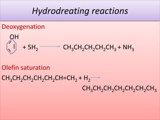 Hydrodreating reactions
Deoxygenation
OH
+ 5H2 CH3CH2CH2CH2CH3 + NH3
Olefin saturation
CH3CH2CH2CH2CH2CH=CH2 + H2
CH3CH2CH2CH2CH2CH2CH3
 